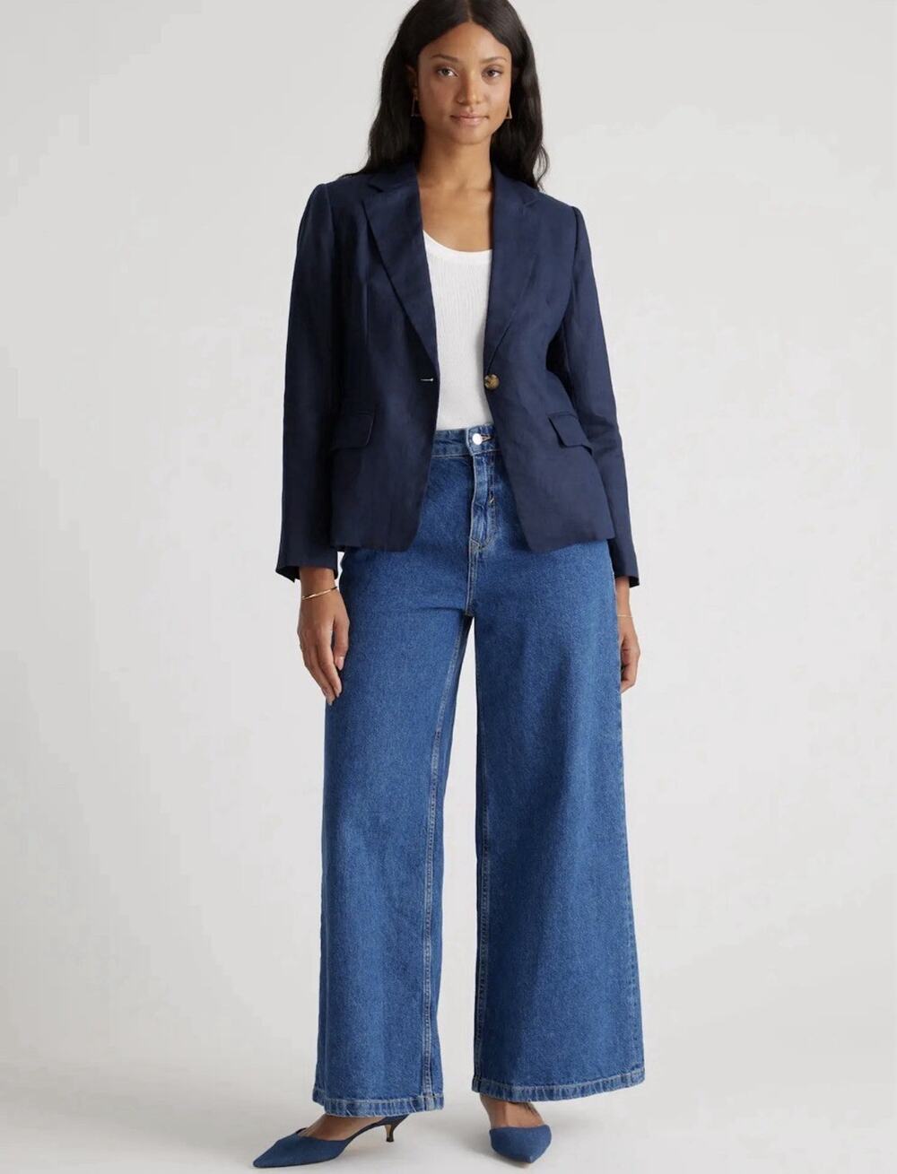 Quince European Linen Structured Blazer Navy Blue Womens Medium Quiet Luxury